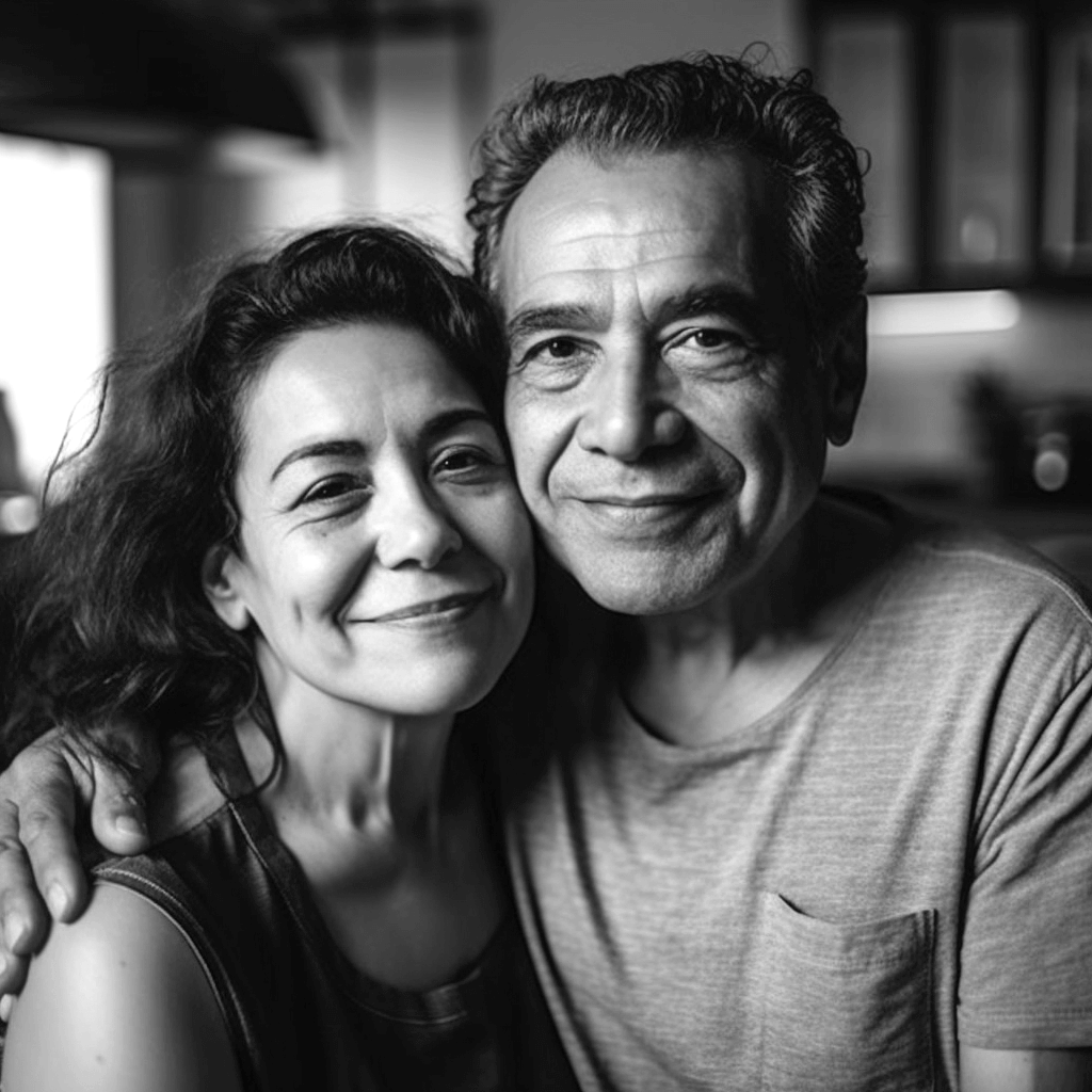Smiling couple embracing in black and white.